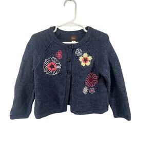 Tea Collection Size 4T Cardigan Sweater Embroidered Flowers Button Front Blue